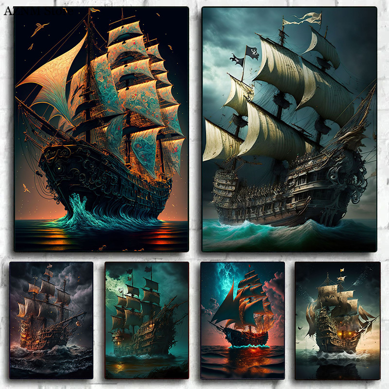 Home Decor Nautical - Poster astratto con nave pirata, mare,